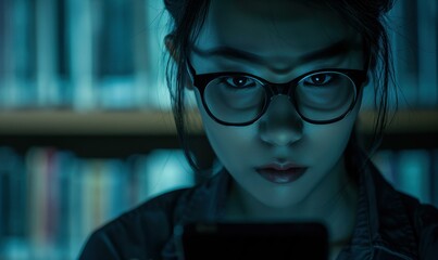 Sticker - A young woman wearing glasses is looking at her phone in a dimly lit room. AI.