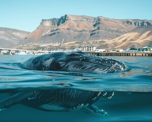 Wall Mural - A humpback whale surfaces for air in the frigid waters of the North Atlantic. AI.