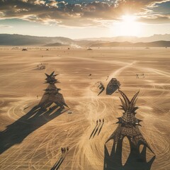 Sticker - A desert scene with a large sculpture of a dragon in the foreground