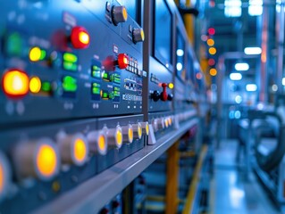 Poster - Industrial control panel with various buttons and switches. AI.