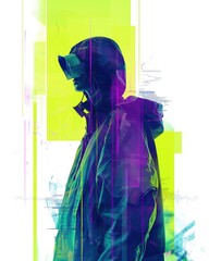 Wall Mural - Futuristic neon portrait of a person in a hooded jacket and VR headset against a colorful abstract background, embodying tech and innovation.