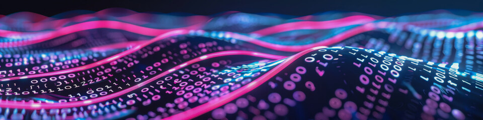 Abstract Binary Code Data Flowing over Neon Digital Waves