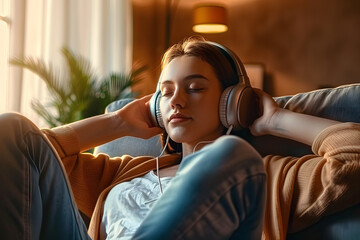 Poster - Young woman in headphones listening to music at home. Girl sitting on sofa