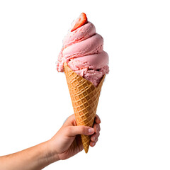 Hand Holding Strawberry Ice Cream cone isolated on transparent background