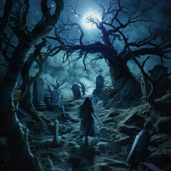 Poster - A woman is walking through a graveyard at night