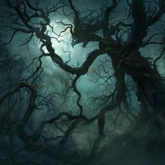 Canvas Print - A dark forest with a large tree with a monster on it