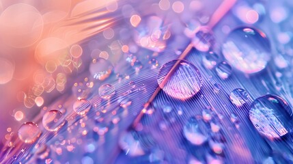 Wall Mural - beautiful transparent drops of rain water on a feather on a blue and violet background, macro, copy 