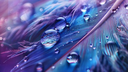 Wall Mural - beautiful transparent drops of rain water on a feather on a blue and violet background, macro, copy 