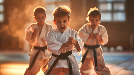 Canvas Print - young, beautiful, successful multi ethical kids in karate position