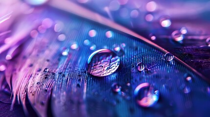 Wall Mural - beautiful transparent drops of rain water on a feather on a blue and violet background, macro, copy 