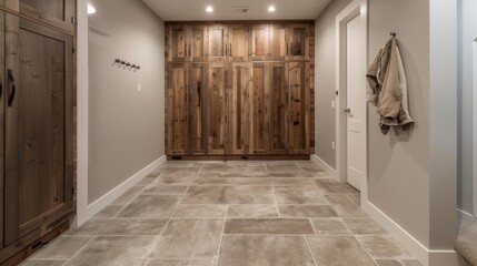 Wall Mural - A contemporary mudroom with custom lockers and a durable tile floor for easy cleaning