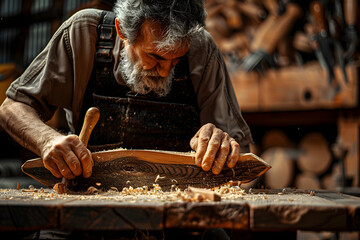 Wall Mural - A craftsman making a wooden chair, highlighting traditional skills. Concept of woodworking and artistry. 