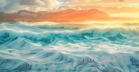 Sticker - An art piece depicting wind waves crashing on a beach with mountains in the background, under a serene sky. A beautiful natural landscape blending water and land