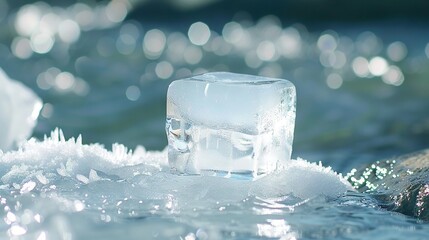 Poster -   Square ice cube rests on snow next to flowing water and falling ice flakes