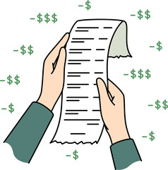 Payment receipt in hands of person detailing costs of shopping or dining at restaurant. Payment receipt for controlling expenses and accounting for money, or obtaining tax deduction for business