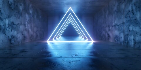 Sticker - Abstract blue neon triangular portal with glowing lines in virtual reality setting. Concept Virtual Reality, Abstract Art, Neon Lighting, Triangular Portal, Glowing Lines