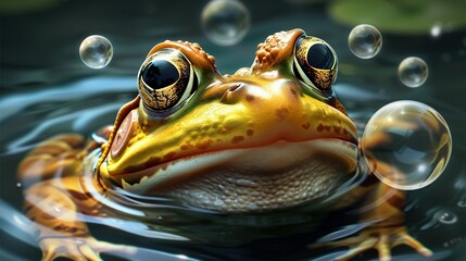 Canvas Print -   A close-up of a frog in water, with bubbles in its mouth and eyes focused on the camera