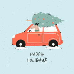 Wall Mural - Holiday Christmas card with adorable dog, puppy riding a red car and keeping Christmas tree. Greeting card design, hand drawn illustration