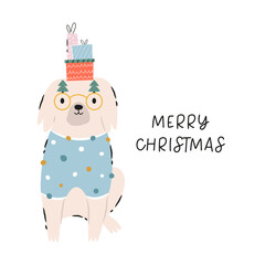 Wall Mural - Holiday Christmas card with funny dog in a knitted sweater. Greeting card design, hand drawn illustration