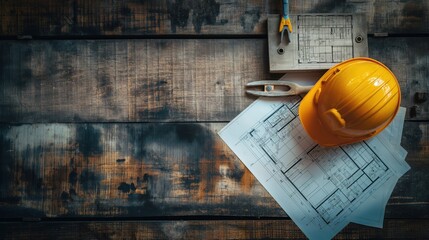 Wall Mural - Yellow construction helmet with blueprints and tools on a rustic wooden table, representing architecture and construction planning.