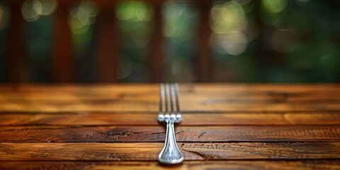 A single metal fork placed upright on a rustic wooden table with a blurred green natural background, emphasizing an outdoor dining atmosphere