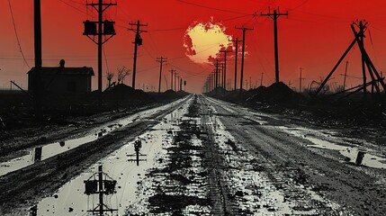 Canvas Print -   A monochrome image portrays a dusty path with transmission cables in the foreground and an intense crimson sky above