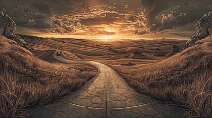 Canvas Print -  A field road leads into the sunset horizon with cloud-filled sky overhead