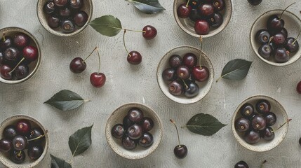 Sticker -   Bowls of cherries on top of cloth-covered table, next to leaves and a bowl of cherries