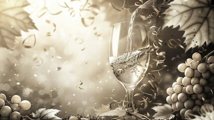 Poster -   A glass of wine sits atop a table surrounded by grapes and leaves