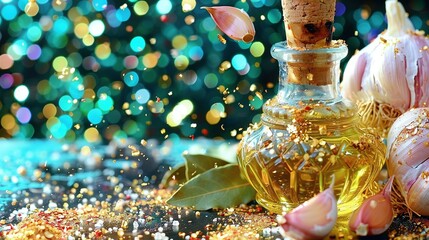 Wall Mural -   An image shows an oil bottle on top of a table alongside confetti sprinkles