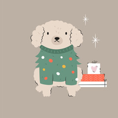 Wall Mural - Holiday Christmas card with funny dog in a knitted sweater and gift boxes. Greeting card design, hand drawn illustration