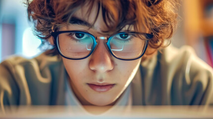 Young programmer working late and focusing on code on computer screen