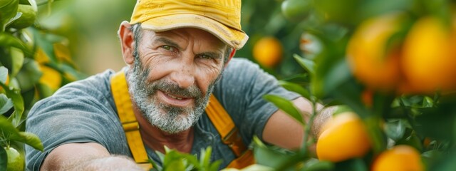 Sticker -  A man in a yellow hat and apron picks oranges from an orange tree in a sun-kissed grove