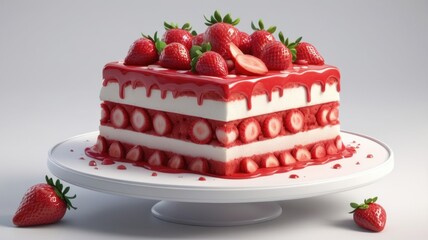 Delicious 3D strawberry cake on white background