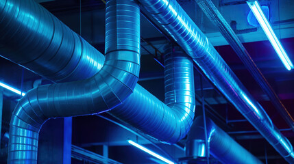 Wall Mural - Industrial ductwork with metal pipes illuminated by blue lights in an HVAC system setting