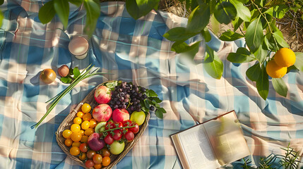 Wall Mural - A plantbased picnic blanket with a variety of natural foods and a book on a beach with grass patterns, creating an artistic and relaxing atmosphere