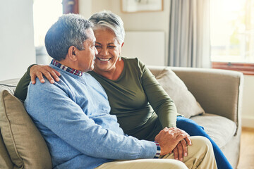 Wall Mural - Smile, hug or elderly couple on sofa for love, wellness or proud for mortgage repayment. Senior man, woman or support at retirement home for insurance, financial security or milestone in marriage