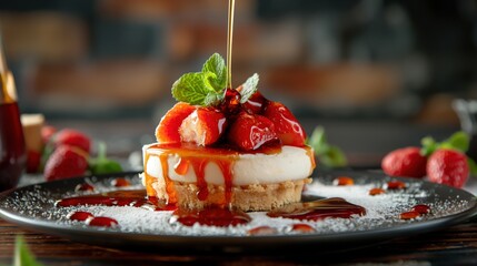 Canvas Print - A close-up of a dessert featuring a cheesecake topped with fresh strawberries, mint leaves, and syrup drizzle on a dark plate dusted with powdered sugar.