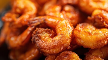 Wall Mural - Close-up of a plate filled with crispy, pan-fried shrimp covered in a delicious golden-brown seasoning that enhances the texture and flavor.