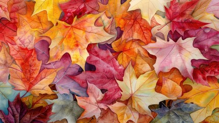 serene watercolor scene of fall leaves in various shades of red, orange, and yellow