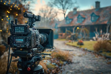 Wall Mural - professional video camera set up for filming in a picturesque village setting during autumn with qua
