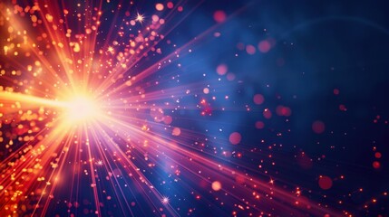 Colorful light flare sparks texture, red and orange rays on dark blue background, vibrant abstract overlay