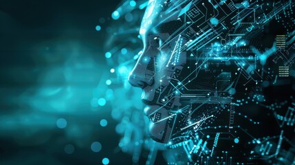 Futuristic conceptual illustration of artificial intelligence with digital elements and circuits, showcasing advanced technology in a sleek, modern design.