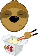 Wall Mural - vector illustration face bear sloth character animal cartoon, eating chinese food in a cardboard box of rice with chopsticks