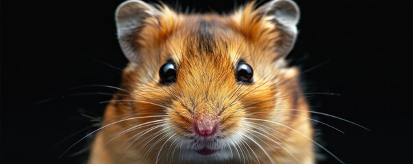 A detailed close-up of a cute and curious hamster with sharp whiskers and shiny fur against a black background showcasing its adorable expression