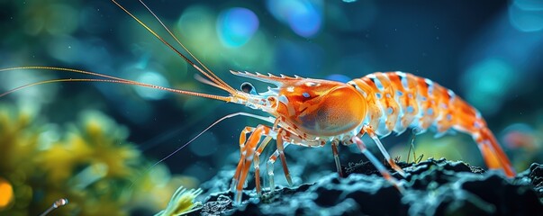 Wall Mural - A stunning close-up of a vibrant orange shrimp with intricate details, swimming amidst a beautifully illuminated underwater landscape, showcasing the delicate balance of aquatic life