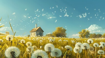 Lot of dandelions close-up on nature in spring against backdrop of summer house and blue sky. The wind blows away seeds of dandelions, template for summer vacations on nature. 