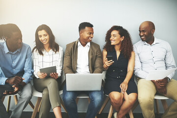Poster - Laptop, tablet and line of business people on wall background for job interview, hiring and networking. Diversity, office and men and women on technology for hr queue, recruitment and opportunity