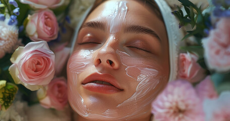 Poster - A woman receiving a relaxing facial treatment, with a beautician applying a mask, focus on the smooth skin and serene expression, beautiful quality flowers in the background. Generative AI.