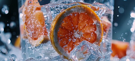 Super slow motion shot of sparkling water with grapefruit slices and ice cubes in the glass at 1000 frames per second. 